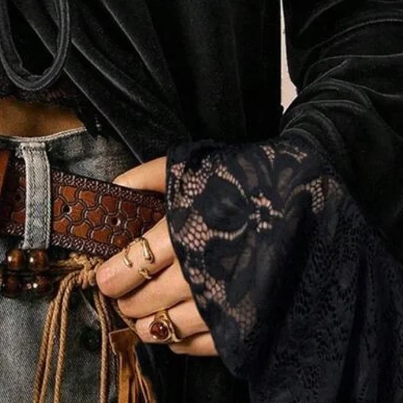 NWT Black Velvet Lace Bell Sleeve Top - Picture 7 of 8